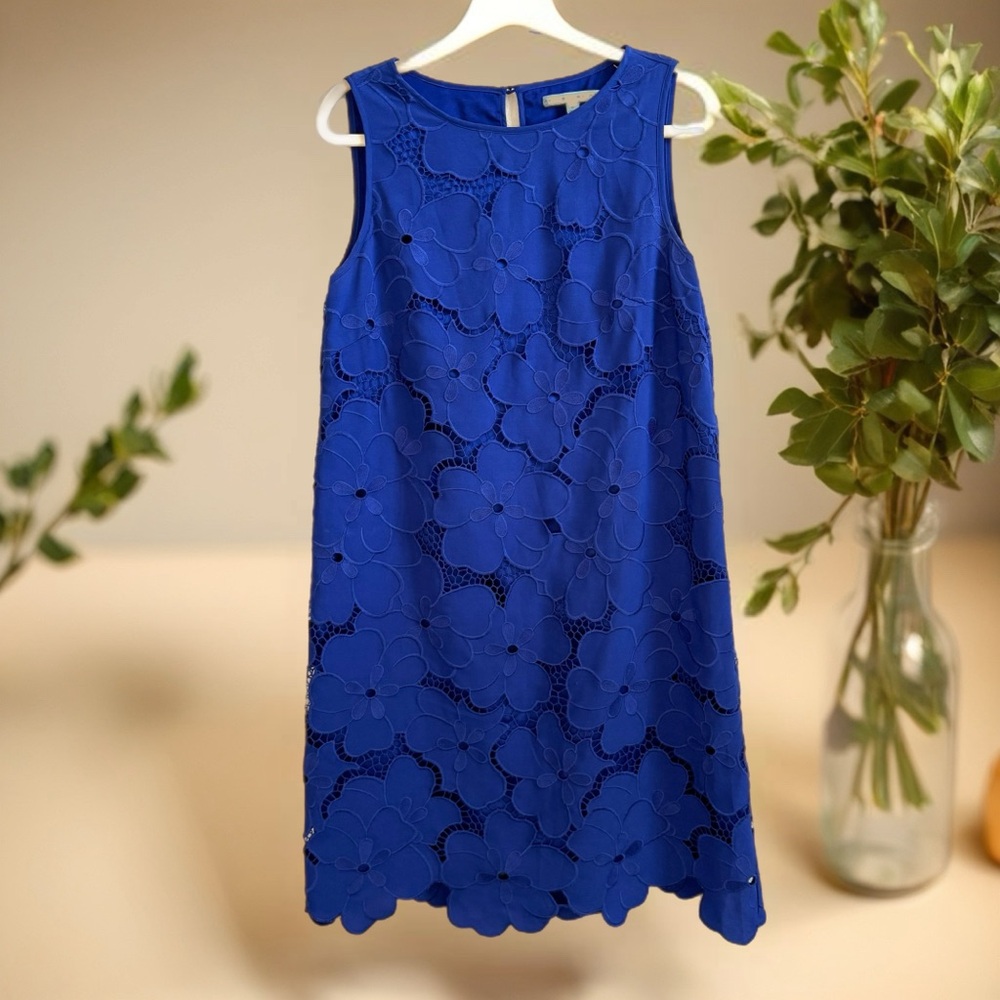 Antonio Melani Ghiaia Dress Blue Floral Lined Embroidered Overlay Midi Sheath 8 - Picture 2 of 11